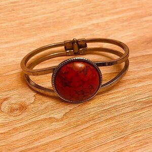 Beautiful Women’s Faux Red Turquoise Center Stainless Steel Cuff Bracelet.
